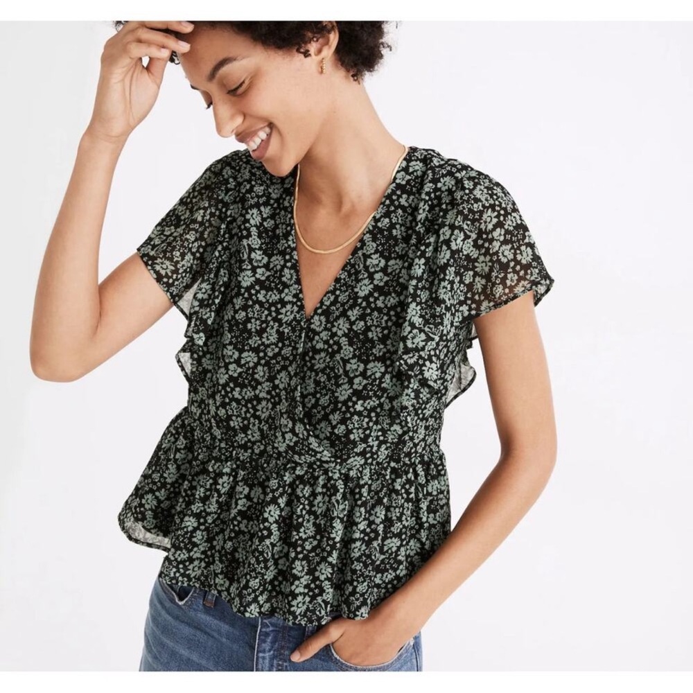 Madewell Georgette Ruffle-Sleeve Peplum Top in Fleur Field Size Small
